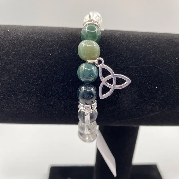 Celtic bracelet with green moss agate and clear quartz. NWT - Picture 5 of 5